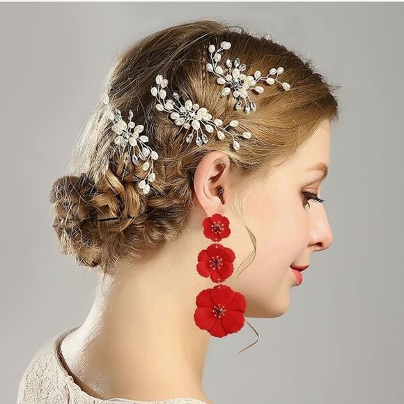 Elegant Red Floral layered flower Drop Earrings - Picture 3 of 10